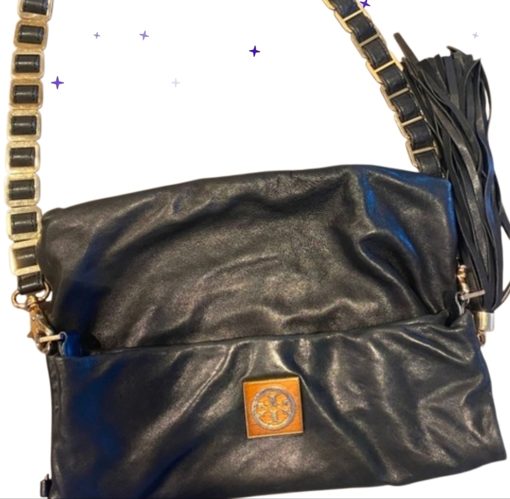 Tory Burch Beautiful Black Leather Women's Handbag w/ Woven Gold Chain Strap EUC - Picture 5 of 9